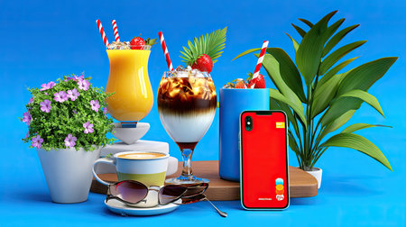 A vibrant scene featuring refreshing summer drinks served in colorful glasses with fruits and garnishes, accompanied by stylish sunglasses and a smartphone.の素材