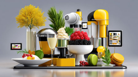 A lively kitchen setup featuring yellow appliances, fresh fruits, and exquisite desserts. This vibrant culinary scene is perfect for showcasing cooking and lifestyle creativity.の素材