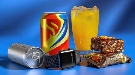 A vibrant display of beverages and snacks, including a colorful soda, refreshing fruit juice, and energy bars, all accompanied by a smart wearable device on a blue background.の素材