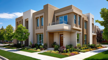 A modern residential house showcases sleek architecture, well-manicured landscaping, and inviting outdoor spaces in a beautiful suburban setting under a clear blue sky.の素材