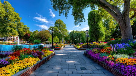 A picturesque pathway lined with colorful flowers leads through a lush garden, framed by vibrant trees under a clear blue sky, ideal for leisure and relaxation.の素材