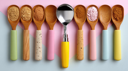 This vibrant display features colorful wooden spoons filled with various powders against a pastel background, perfect for inspiration in culinary photography and cooking art.の素材