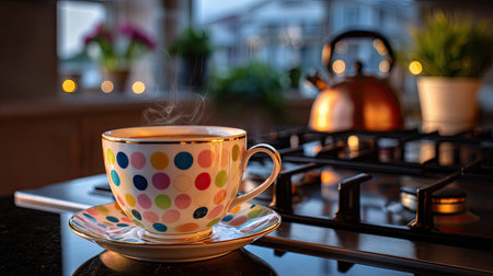 A close-up of a colorful polka dot coffee cup sitting on a kitchen counter, steam rising, in a warm and cozy atmosphere, perfect for morning rituals and relaxation.の素材