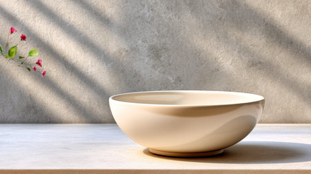 This serene image features an elegant soft-textured bowl placed on a minimalist table. Gentle lighting casts shadows, enhancing the tranquil ambiance of the indoor setting.の素材