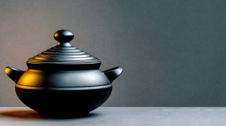 A striking black ceramic pot featuring a unique lid design, set against a minimalist grey background, perfect for modern kitchens and home decor enthusiasts.の素材