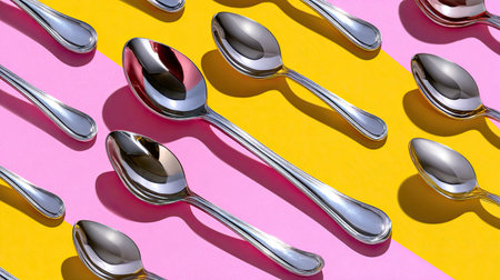 A beautifully arranged collection of shiny silver spoons set against a vibrant pink and yellow backdrop, perfect for showcasing modern dining aesthetics and culinary creativity.の素材