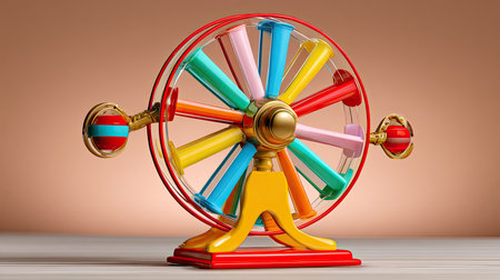A colorful vintage fortune wheel with vibrant tubes highlights a playful design. Perfect for concepts related to games, entertainment, and joyful experiences.の素材