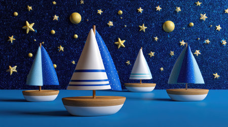 Charming arrangement of colorful wooden sailboats with blue sails, set against a starry night sky background, perfect for children's room decor or playful themes.の素材