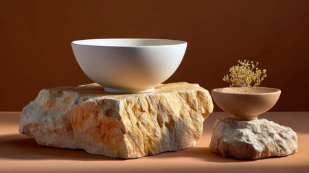 An artistic display featuring elegant bowls on natural stones, highlighting the beauty of simplicity and warmth in interior design. Ideal for inspiration.の素材