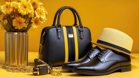 This vibrant image showcases elegant black shoes paired with chic yellow accessories, complemented by fresh flowers, perfect for fashion and lifestyle visuals.の素材