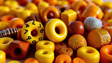 A vibrant assortment of various beads and crafting supplies in warm tones, perfect for inspiring creativity and enhancing artistic projects. Ideal for DIY enthusiasts.の素材