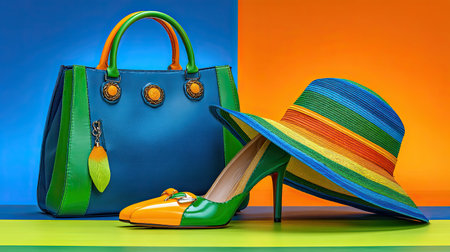 A stunning display of summer accessories featuring a vibrant handbag, stylish high heel shoe, and a bright sun hat. Perfect for fashion inspiration and seasonal themes.の素材