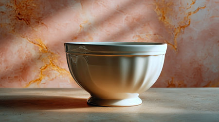A beautifully designed white ceramic bowl is elegantly placed on a textured surface, lit by soft lighting with a stunning pink marbled backdrop, ideal for home dの素材