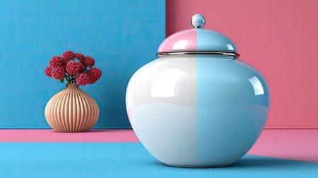 A colorful ceramic jar with a glossy finish stands out against a vibrant pastel backdrop, perfectly complementing a modern vase holding cheerful flowers for decoration.の素材