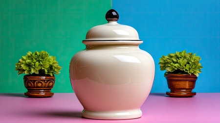 This image features a sophisticated cream ceramic jar with a lidded top, enhanced by small green plants, perfect for showcasing artistic home decor elements.の素材