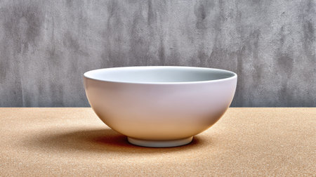 A minimalistic white bowl sits elegantly on a smooth surface, showcasing a clean design against a textured background. Perfect for culinary creations or stylish decor.の素材