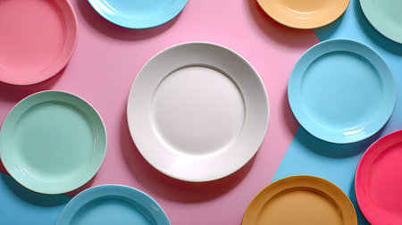 A vibrant and artistic arrangement of colorful plates on a pink and blue backdrop, ideal for dining and food presentation. Perfect for creative culinary photography.の素材