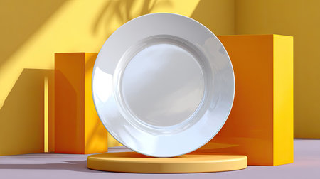 A striking image featuring a minimalist white plate set against a vibrant yellow background and geometric shapes, showcasing modern dining aesthetics and creative decor ideas.の素材