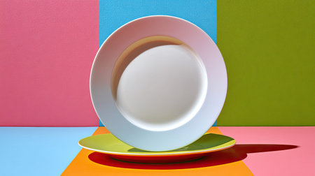 A minimalist display showcasing empty white plates stacked against a vibrant background of pink, green, and blue. Perfect for modern kitchen decor and table setting inspiration.の素材
