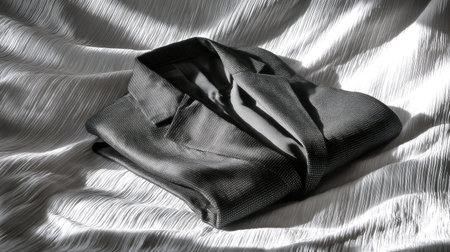 A sophisticated gray suit jacket elegantly folded on a textured fabric surface. This image captures the essence of formal attire, perfect for fashion visuals.の素材