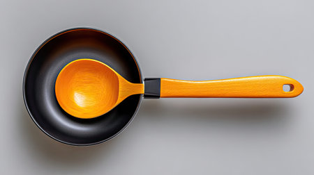 A vibrant wooden spoon rests inside a sleek black cooking pan against a minimal gray backdrop, showcasing modern kitchen aesthetics for cooking enthusiasts and food lovers.の素材