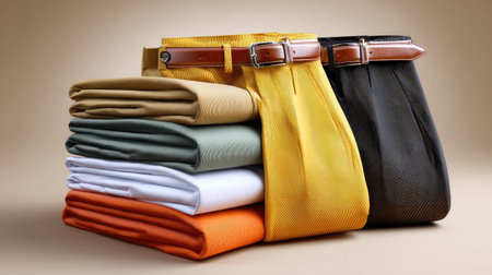 A stunning arrangement showcasing a variety of neatly folded trousers in vivid colors, perfect for fashion presentations or retail displays, emphasizing style and elegance.の素材