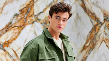 A young man poses confidently in a green jacket against a beautifully textured marble background, embodying modern fashion with a fresh and stylish look.の素材