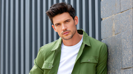 A stylish young male model presents a confident look while dressed in a casual outfit, exuding modern elegance against an urban backdrop, ideal for lifestyle themes.の素材
