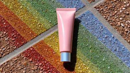 A pink cosmetic tube rests on a vibrant rainbow-patterned surface dotted with glistening dew drops. This colorful composition highlights beauty and creativity in nature.の素材