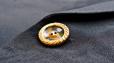 This image features a close-up shot of a golden button on black fabric, highlighting intricate design and elegance. Ideal for showcasing fashion accessories and details.の素材
