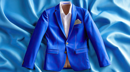 This image features an elegant blue blazer beautifully arranged on a soft satin background, perfect for showcasing fashion, style, and tailored designs in various contexts.の素材