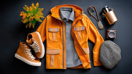 This vibrant flat lay features an orange outdoor jacket, stylish shirt, trendy sneakers, and natural elements, perfect for showcasing fashion and adventure themes.の素材