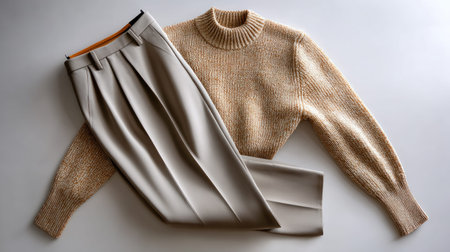 This image showcases a cozy knit sweater paired with tailored trousers, perfect for autumn or winter styling. The warm tones and elegant design bring comfort and sophistication to any wardrobe.の素材