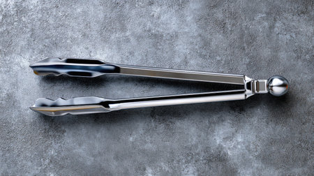 This image showcases a pair of stainless steel kitchen tongs placed on a dark gray stone surface, highlighting their sleek design and functionality for cooking and serving.の素材