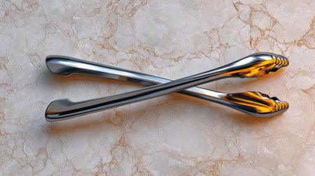 Captivating image of crossed stainless steel tongs resting on a light marble surface. A perfect representation of sleek design and functional kitchen utensils for culinary enthusiasts.の素材