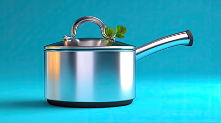 A modern stainless steel cooking pot with a lid placed on a vibrant turquoise surface, adorned with fresh herbs, perfect for culinary-related visuals and kitchen settings.の素材