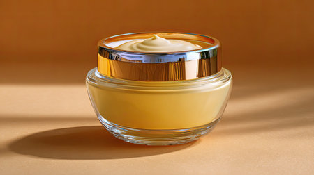 A stunning image of luxurious yellow cream in a stylish glass jar, highlighting its smooth texture and aesthetic appeal against a warm background, perfect for beauty projects.の素材
