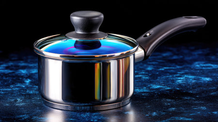 A sleek stainless steel saucepan featuring a colorful glass lid, suitable for culinary enthusiasts. The shiny surface reflects vibrant hues on a dark backdrop.の素材