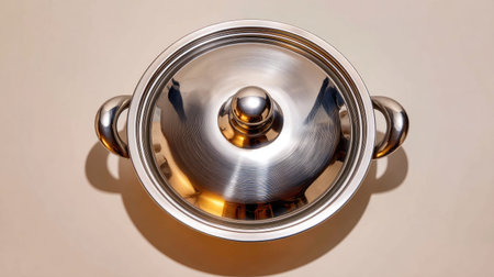 Discover a sleek stainless steel cooking pot with a lid, perfect for modern kitchens. Ideal for culinary projects or as a stylish cookware display in photography.の素材