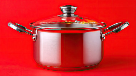 This image showcases a shiny stainless steel cooking pot with a transparent lid, perfectly positioned against a vibrant red background, ideal for culinary displays.の素材