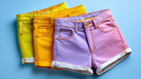 Explore this vibrant collection of denim shorts in yellow, orange, and purple hues, ideal for summer outfits, casual wear, and stylish outdoor activities.の素材