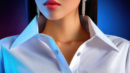 A stunning close-up portrait of a woman showcasing sophisticated fashion in a white shirt and sparkling earrings, set against a captivating background of vibrant colors.の素材
