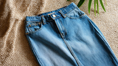 A beautifully styled blue denim skirt lays flat on a textured fabric background, surrounded by lush green plant leaves, perfect for fashion inspiration and home decor.の素材