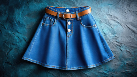 A fashionable denim skirt featuring a brown leather belt, set against a textured blue background. This stylish piece is ideal for fashion and lifestyle imagery.の素材