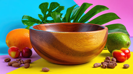 A beautifully crafted wooden bowl holds an array of fresh fruits and nuts, set against a vibrant background. This image evokes a sense of health and vitality.の素材