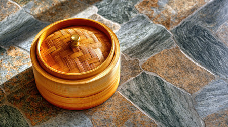 A beautifully designed wooden container featuring a woven lid, placed on a textured stone surface. This item adds a touch of elegance and warmth to any interior space.の素材