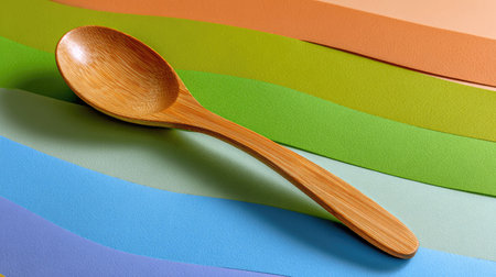 A beautifully crafted wooden spoon rests on a vibrant pastel background, showcasing an artistic arrangement perfect for culinary photography and kitchen decor inspiration.の素材