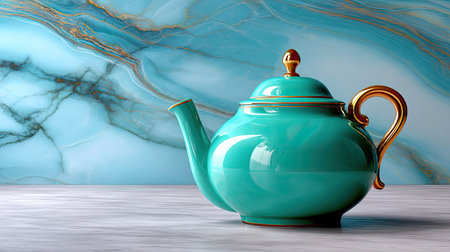 This stunning image showcases a turquoise teapot with golden accents, set against a marbled blue background, ideal for kitchen decor and lifestyle themes.の素材