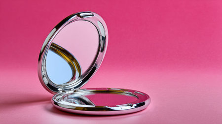 A sleek silver compact mirror resting on a vivid pink background, showcasing reflections and elegance, ideal for beauty, fashion, and personal care themes.の素材