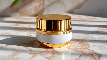 A stylish cream jar with a shiny golden lid placed on a marble surface, perfect for showcasing beauty products in an elegant, modern setting with soothing shadows.の素材